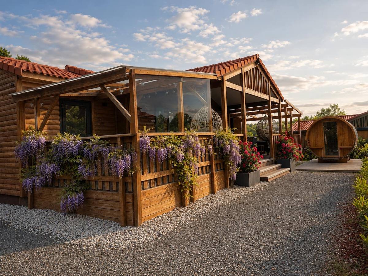 Le chalet en bois et sa terrasse vitrée dans les Vosges